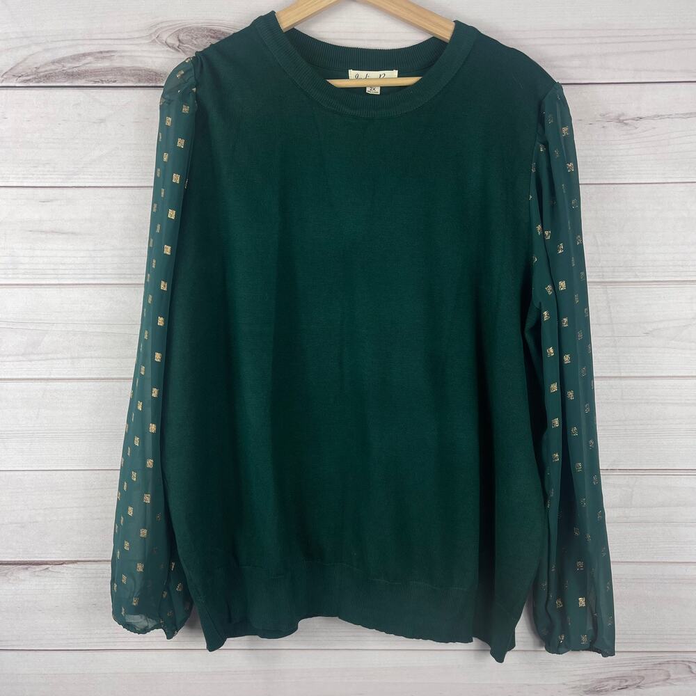 INDIGO ROSE Women's Green Long Sheer Glitter Sleeve Sweater Blouse Top‎ Size 2x
